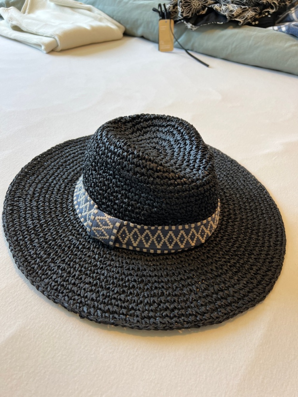 Navy blue Echo brand Woven Straw Sun Hat with Patterned Band - Women Accessories